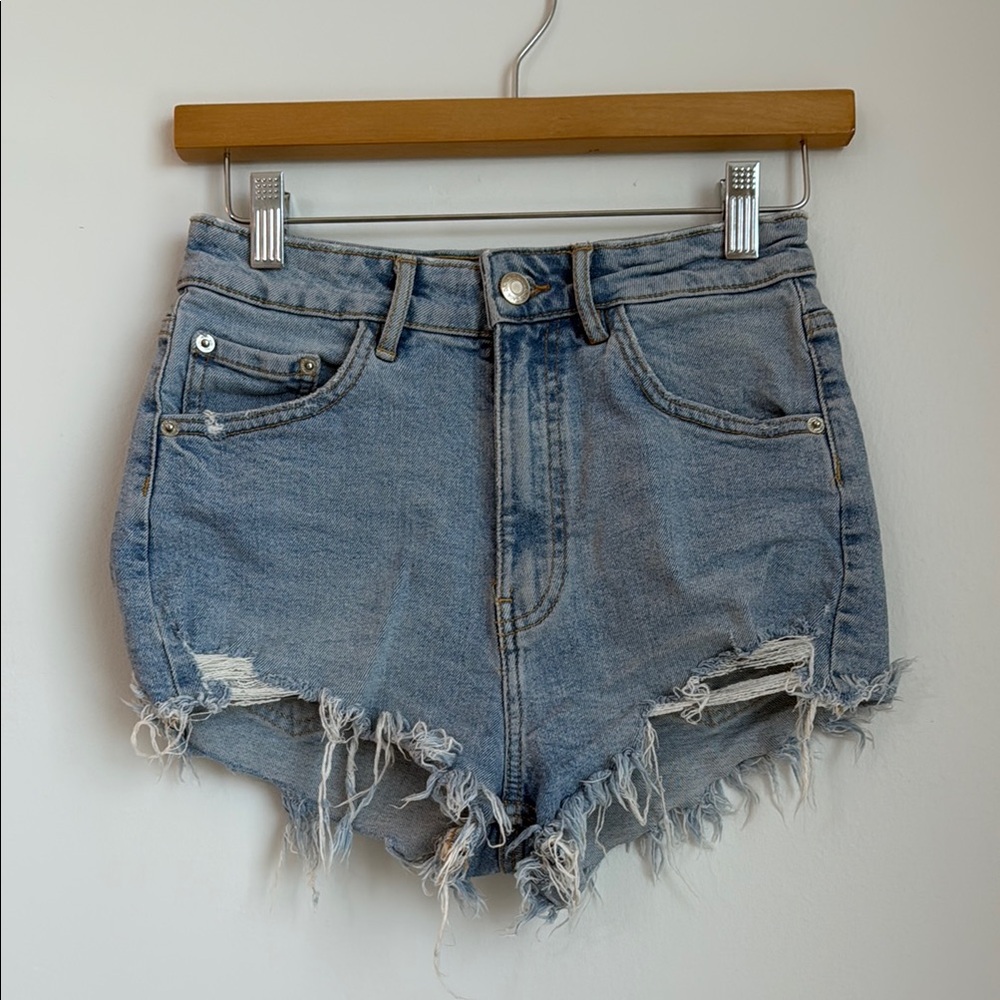 Zara Blue Jean Shorts Distressed Frayed Hem